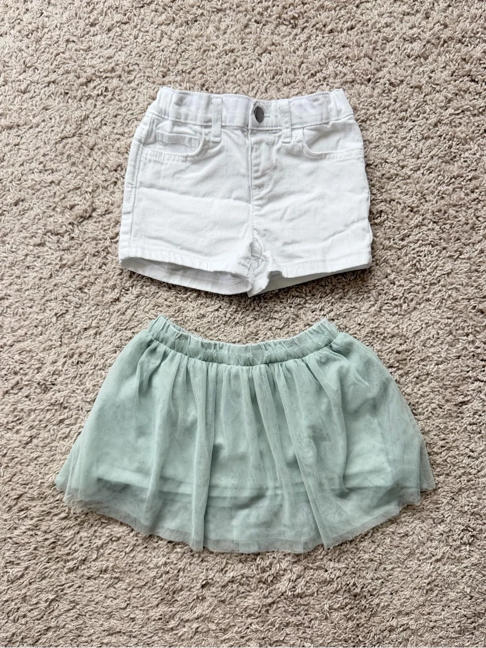 Toddler Girl White Denim Shorts + Mint Tulle Skirt Bundle 3T